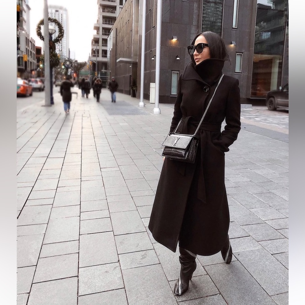 Long Black Wool Coat with High Collar